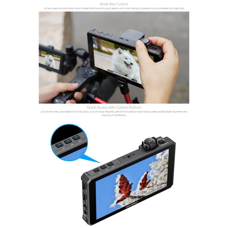 Monitor de vídeo para cámara de campo FEELWORLD SC6 de 6 pulgadas, 1500 nits de alto brillo, aluminio, compatible con 3G, SDI, 4K y HDMI, 60 Hz, resolución IPS de 1920 x 1080., SC6