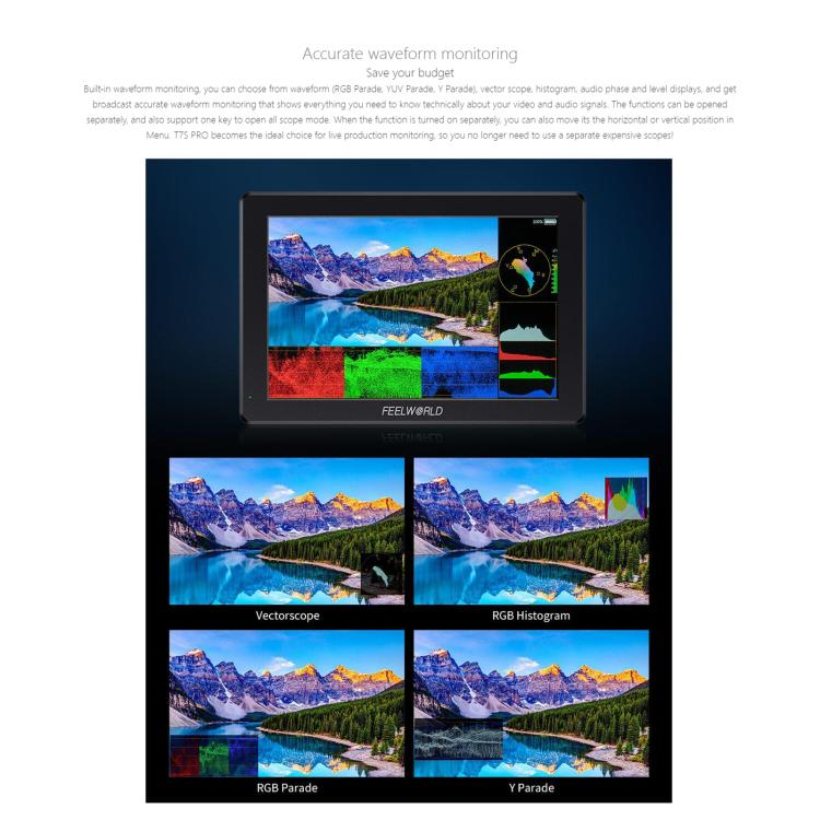 Monitor de vídeo para cámara de campo FEELWORLD T7S Pro de 7 pulgadas, 2000 nits de brillo, 3G SDI, 4K a 60 Hz, compatible con HDMI, pantalla IPS de 1920 x 1200, T7S Pro