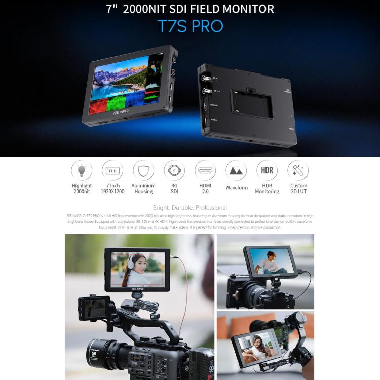 Monitor de vídeo para cámara de campo FEELWORLD T7S Pro de 7 pulgadas, 2000 nits de brillo, 3G SDI, 4K a 60 Hz, compatible con HDMI, pantalla IPS de 1920 x 1200, T7S Pro