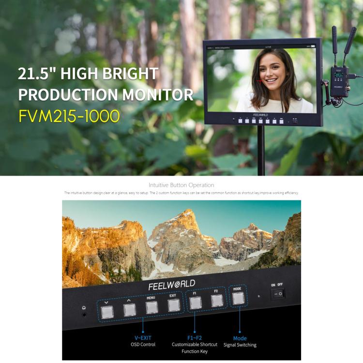 Monitor de producción profesional FEELWORLD FVM215-1000 de 21,5 pulgadas, alto brillo (1000 nits), pantalla IPS Full HD 4K a 60 Hz, compatible con HDMI y 3G-SDI., UK Plug, US Plug, AU Plug, EU Plug