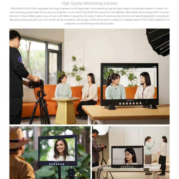 Monitor de producción profesional FEELWORLD FVM215-1000 de 21,5 pulgadas, alto brillo (1000 nits), pantalla IPS Full HD 4K a 60 Hz, compatible con HDMI y 3G-SDI., UK Plug, US Plug, AU Plug, EU Plug