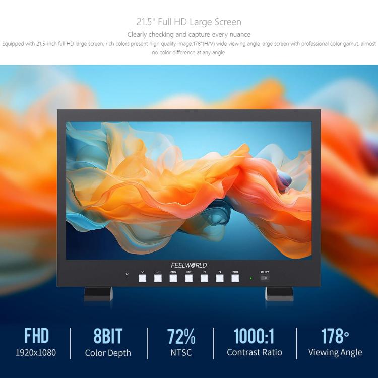 Monitor de producción profesional FEELWORLD FVM215-1000 de 21,5 pulgadas, alto brillo (1000 nits), pantalla IPS Full HD 4K a 60 Hz, compatible con HDMI y 3G-SDI., UK Plug, US Plug, AU Plug, EU Plug