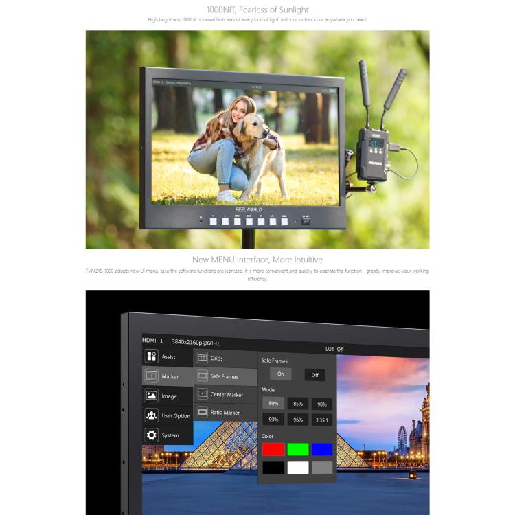 Monitor de producción profesional FEELWORLD FVM215-1000 de 21,5 pulgadas, alto brillo (1000 nits), pantalla IPS Full HD 4K a 60 Hz, compatible con HDMI y 3G-SDI., UK Plug, US Plug, AU Plug, EU Plug