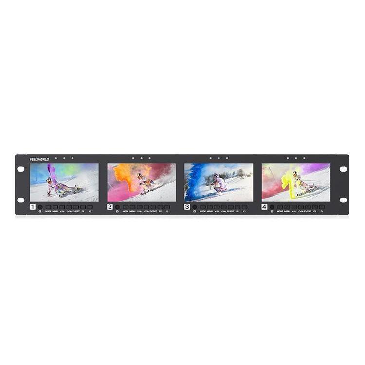 FEELWORLD Q41 Monitor cuádruple de 4,5 pulgadas para montaje en rack de 2U con entrada y salida AV compatible con 3G-SDI y HDMI 4K., US Plug, EU Plug, UK Plug, AU Plug