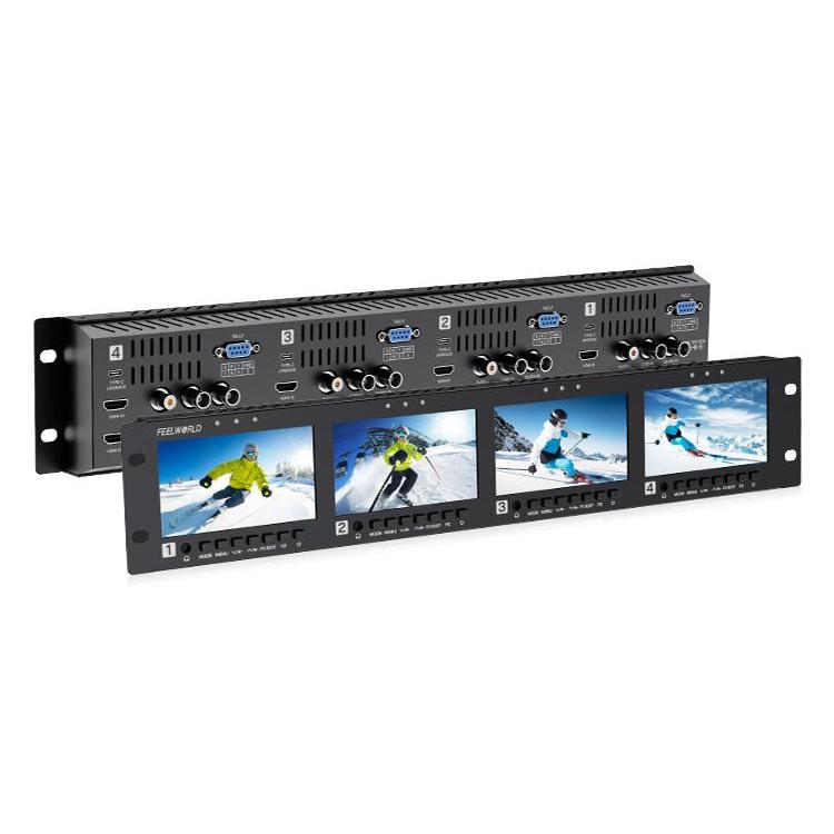 FEELWORLD Q41 Monitor cuádruple de 4,5 pulgadas para montaje en rack de 2U con entrada y salida AV compatible con 3G-SDI y HDMI 4K., US Plug, EU Plug, UK Plug, AU Plug