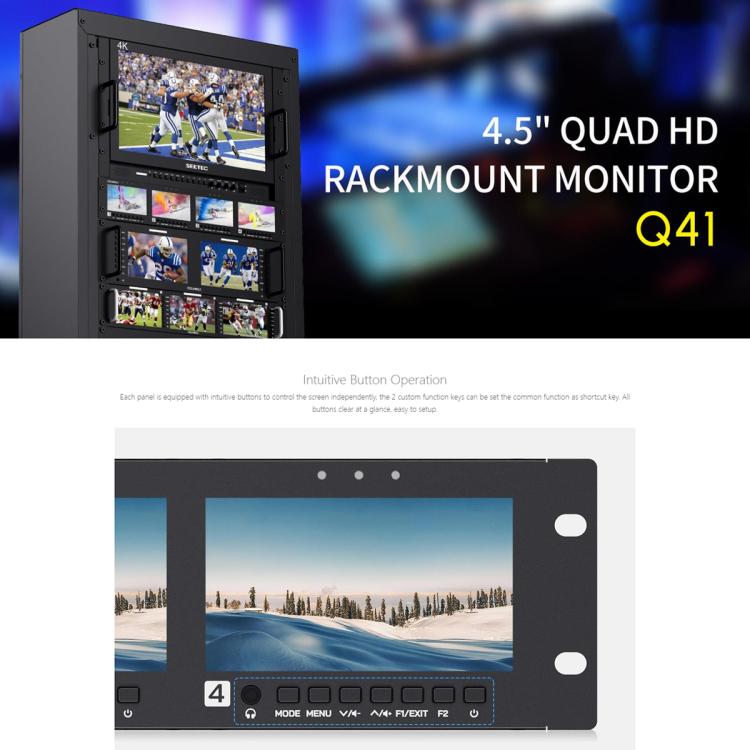 FEELWORLD Q41 Monitor cuádruple de 4,5 pulgadas para montaje en rack de 2U con entrada y salida AV compatible con 3G-SDI y HDMI 4K., US Plug, EU Plug, UK Plug, AU Plug