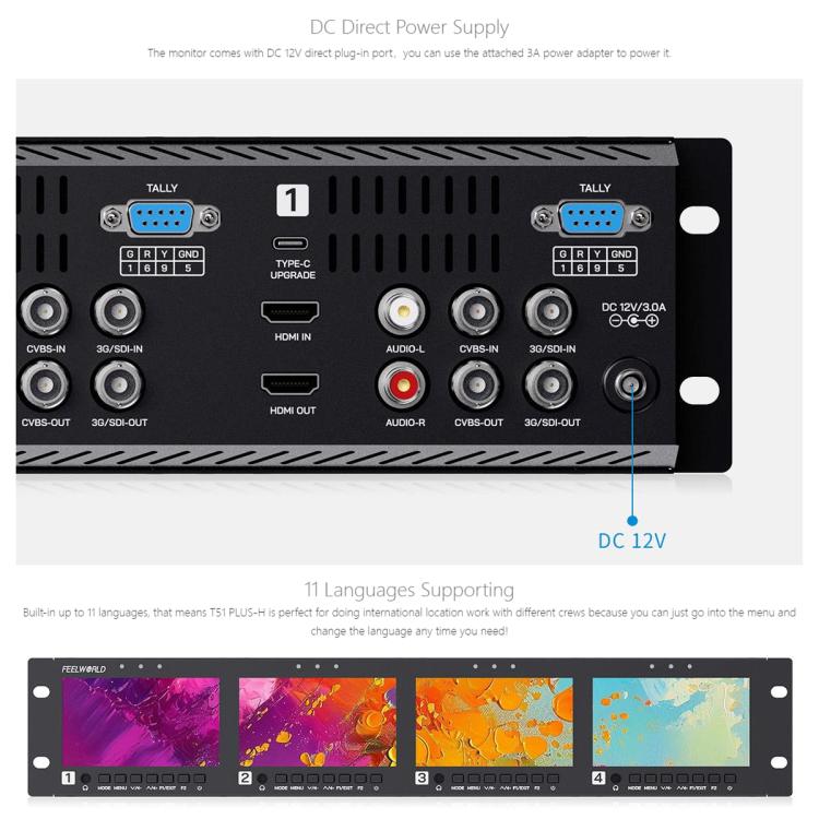 FEELWORLD Q41 Monitor cuádruple de 4,5 pulgadas para montaje en rack de 2U con entrada y salida AV compatible con 3G-SDI y HDMI 4K., US Plug, EU Plug, UK Plug, AU Plug