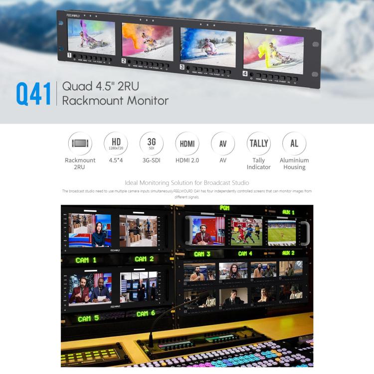 FEELWORLD Q41 Monitor cuádruple de 4,5 pulgadas para montaje en rack de 2U con entrada y salida AV compatible con 3G-SDI y HDMI 4K., US Plug, EU Plug, UK Plug, AU Plug