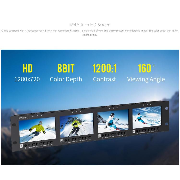 FEELWORLD Q41 Monitor cuádruple de 4,5 pulgadas para montaje en rack de 2U con entrada y salida AV compatible con 3G-SDI y HDMI 4K., US Plug, EU Plug, UK Plug, AU Plug
