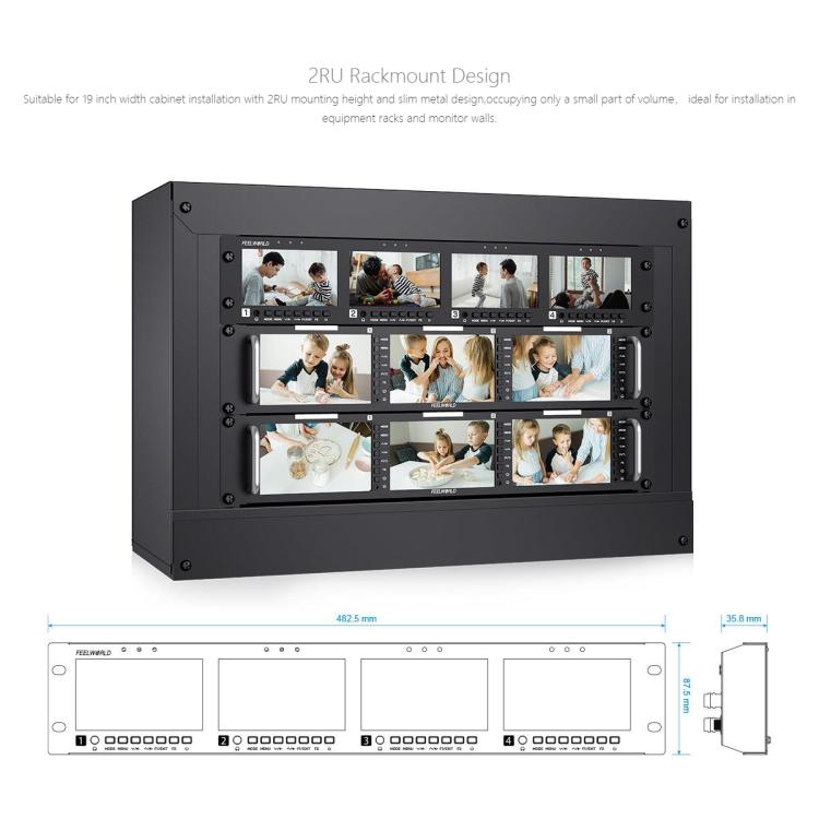 FEELWORLD Q41 Monitor cuádruple de 4,5 pulgadas para montaje en rack de 2U con entrada y salida AV compatible con 3G-SDI y HDMI 4K., US Plug, EU Plug, UK Plug, AU Plug