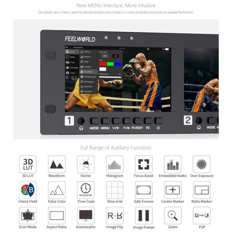 FEELWORLD Q41 Monitor cuádruple de 4,5 pulgadas para montaje en rack de 2U con entrada y salida AV compatible con 3G-SDI y HDMI 4K., US Plug, EU Plug, UK Plug, AU Plug