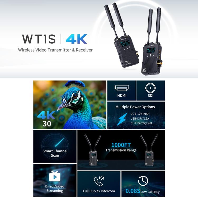 Sistema de transmisión de vídeo inalámbrico FEELWORLD WT1S 4K SDI + Intercomunicador dúplex completo compatible con doble HDMI para transmisión en directo, WT1S