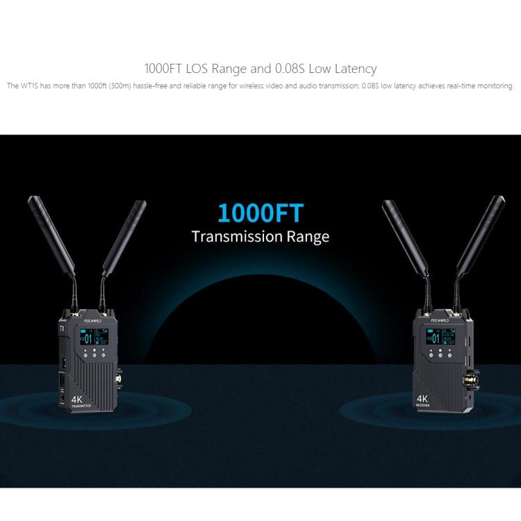 Sistema de transmisión de vídeo inalámbrico FEELWORLD WT1S 4K SDI + Intercomunicador dúplex completo compatible con doble HDMI para transmisión en directo, WT1S