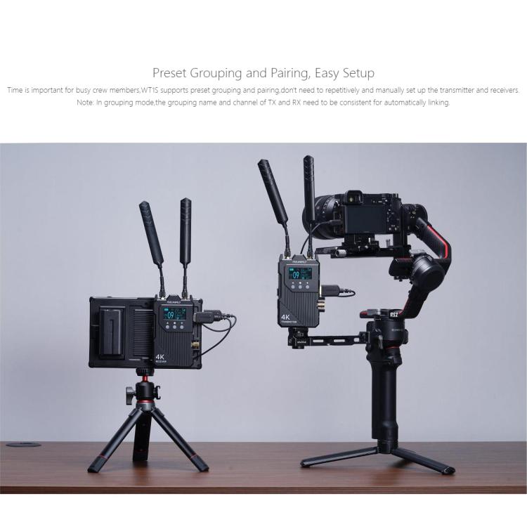 Sistema de transmisión de vídeo inalámbrico FEELWORLD WT1S 4K SDI + Intercomunicador dúplex completo compatible con doble HDMI para transmisión en directo, WT1S