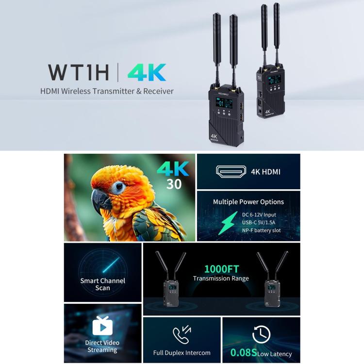 Sistema de transmisión de vídeo inalámbrico FEELWORLD WT1H 4K, compatible con HDMI dual, intercomunicador dúplex completo y transmisión en directo., WT1H