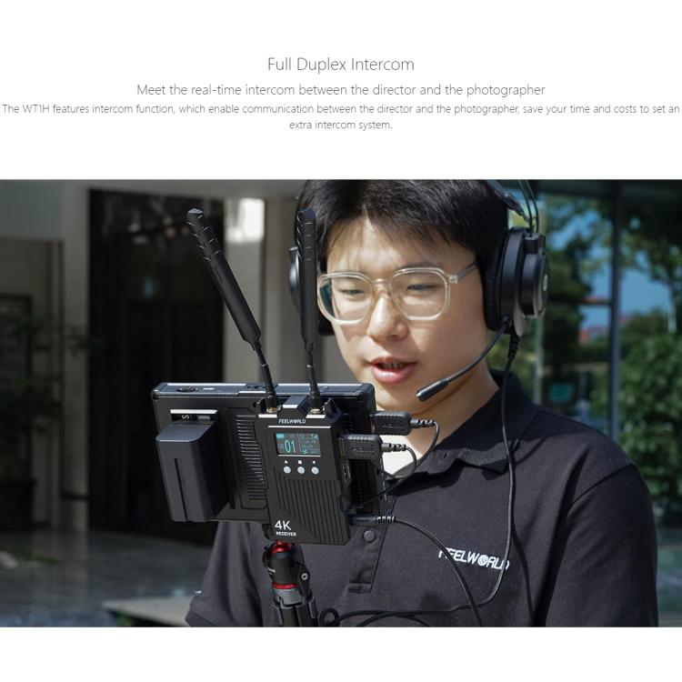 Sistema de transmisión de vídeo inalámbrico FEELWORLD WT1H 4K, compatible con HDMI dual, intercomunicador dúplex completo y transmisión en directo., WT1H