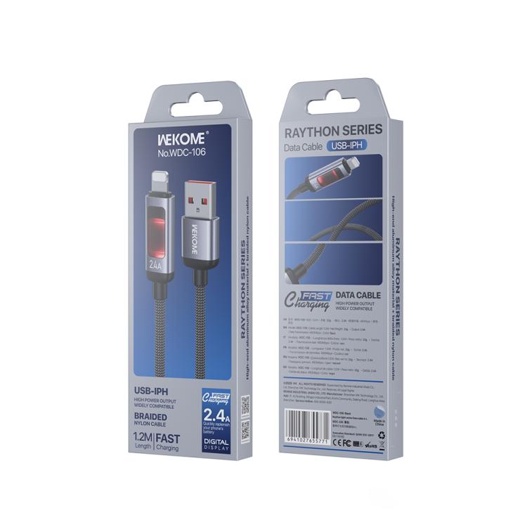Cable de datos de carga rápida USB a 8 pines con pantalla digital inteligente WK WDC-106 de 2,4 A, longitud: 1,2 m, WDC-106