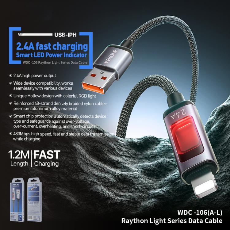 Cable de datos de carga rápida USB a 8 pines con pantalla digital inteligente WK WDC-106 de 2,4 A, longitud: 1,2 m, WDC-106