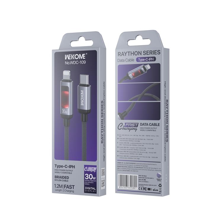 Cable de datos de carga rápida WK WDC-109 de 30 W con pantalla digital inteligente, conector USB-C a 8 pines, longitud: 1,2 m, WDC-109