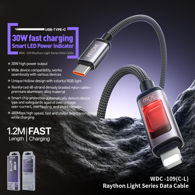Cable de datos de carga rápida WK WDC-109 de 30 W con pantalla digital inteligente, conector USB-C a 8 pines, longitud: 1,2 m, WDC-109