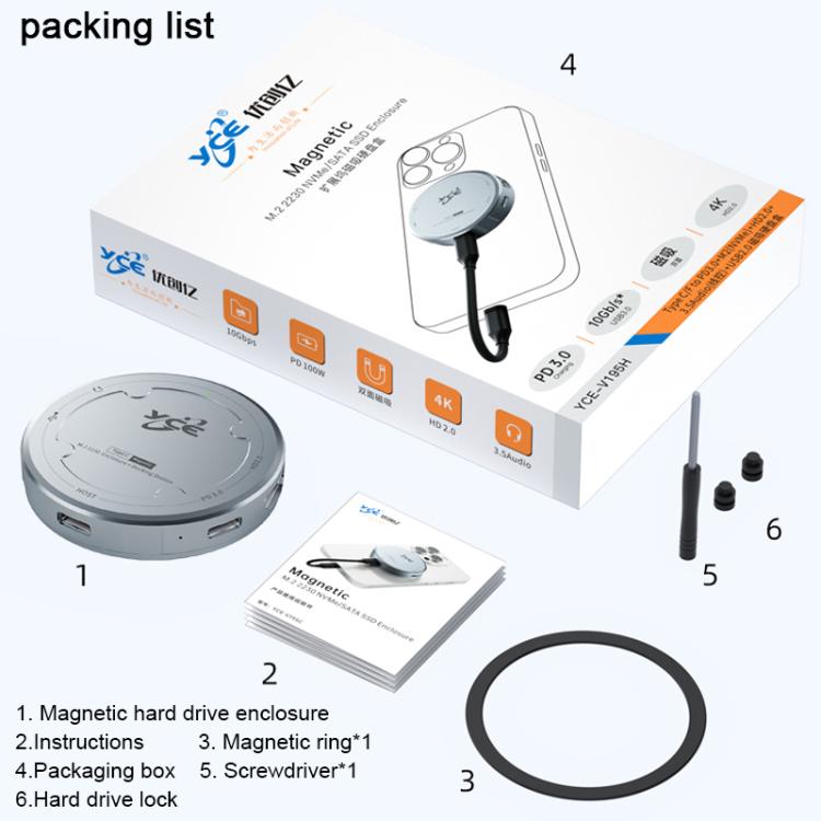 Carcasa magnética para disco duro YCE-V195H con puertos USB-C/Tipo-C, PD3.0, HD2.0, USB3.2, 3,5 mm y M.2 NVMe., YCE-V195H