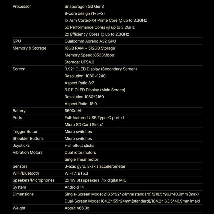 ONE-NETBOOK Sugar 1 Consola de juegos portátil de doble pantalla, Android 14 Snapdragon G3 Gen3, 16GB+512GB