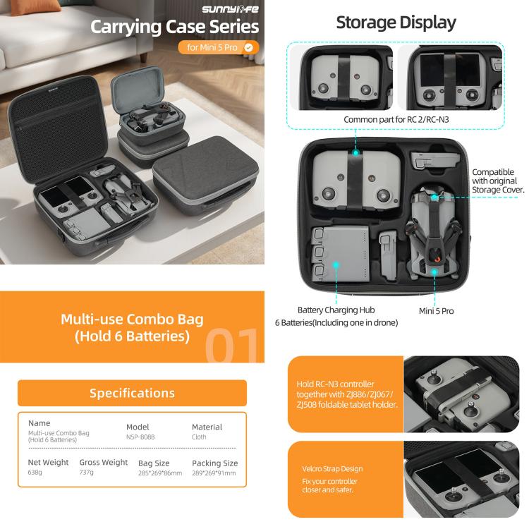 Bolsa de almacenamiento rígida de viaje Sunnylife, For DJI Lito 1 / X1 / Mini 5 Pro Body Bag, For DJI Lito 1 / X1 / Mini 5 Pro Easy Combo Bag, For DJI Lito 1 / X1 / Mini 5 Pro Battery Combo Bag, For DJI RC 2/1 / RC-N3/2/1 Controller Bag