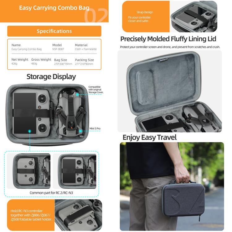 Bolsa de almacenamiento rígida de viaje Sunnylife, For DJI Lito 1 / X1 / Mini 5 Pro Body Bag, For DJI Lito 1 / X1 / Mini 5 Pro Easy Combo Bag, For DJI Lito 1 / X1 / Mini 5 Pro Battery Combo Bag, For DJI RC 2/1 / RC-N3/2/1 Controller Bag