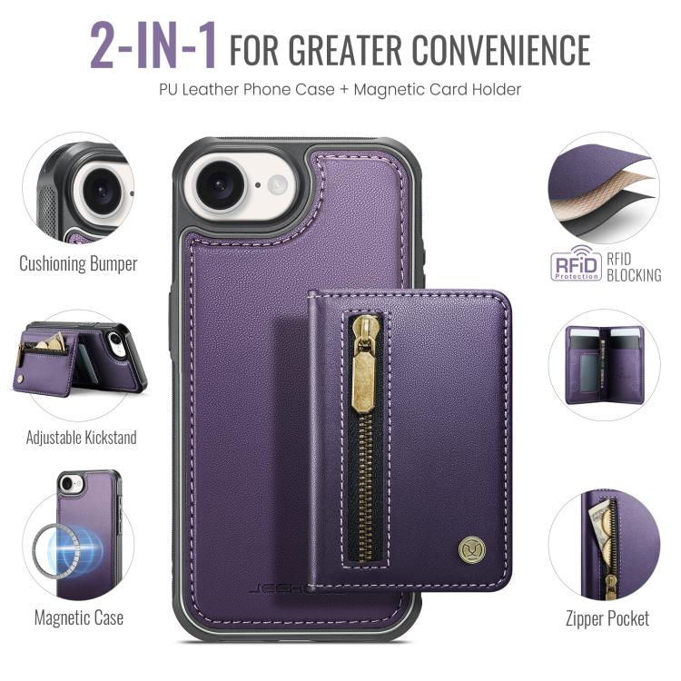 Funda para teléfono JEehOOD J12, exquisita, con cierre de cremallera y protección RFID MagSafe., For iPhone 17e / 16e, For iPhone 17 Pro Max, For iPhone 17 Pro, For iPhone 17, For iPhone Air, For iPhone 16 Pro Max, For iPhone 16 Pro, For iPhone 16 Plus...