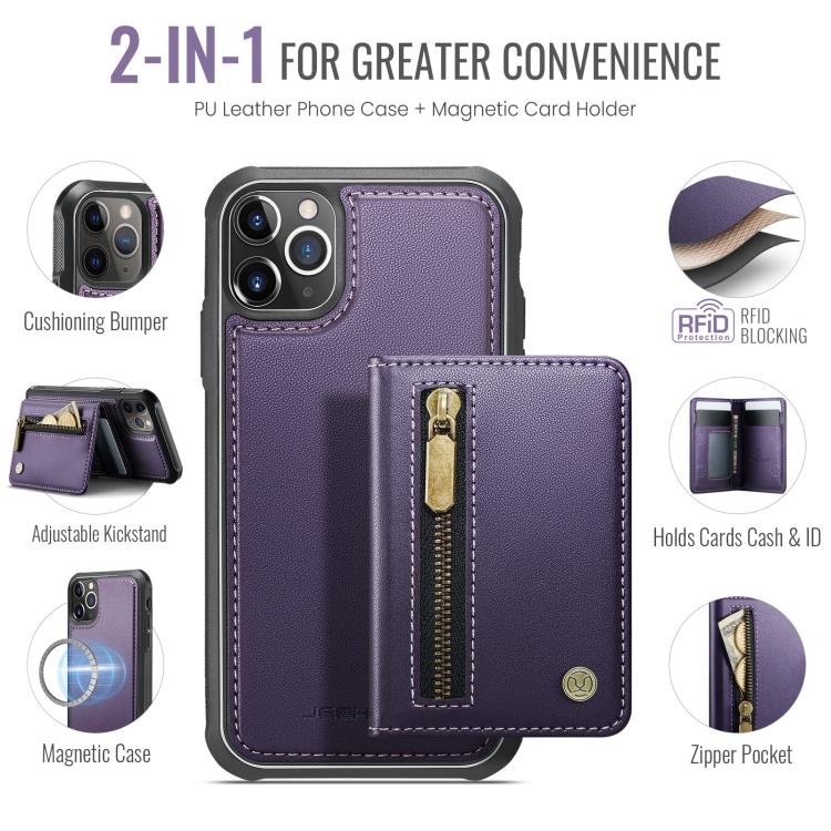 Funda para teléfono JEehOOD J12, exquisita, con cierre de cremallera y protección RFID MagSafe., For iPhone 11 Pro