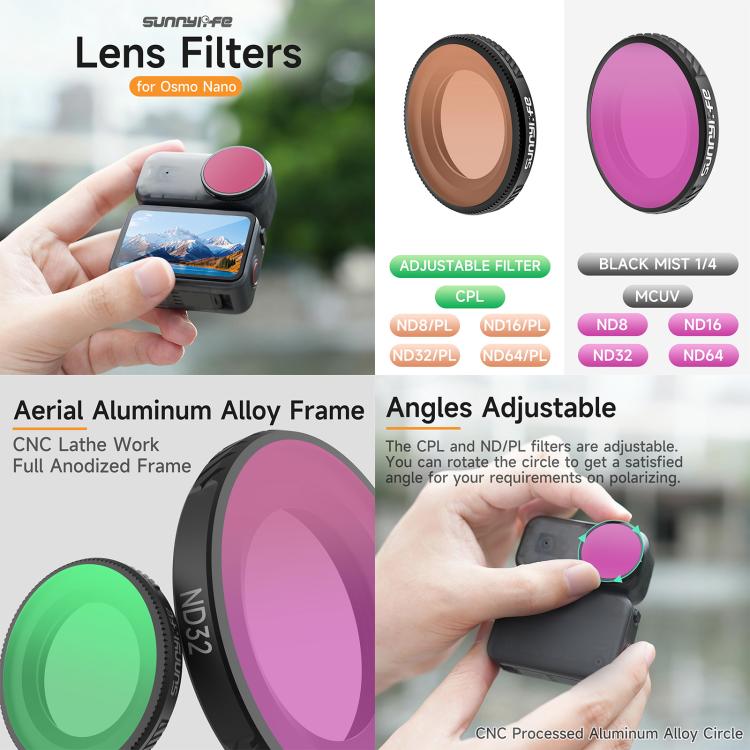 Para filtro de lente de cámara DJI Osmo Nano Sunnylife, Black Mist 1/4, CPL, MCUV, ND8, ND16, ND32, ND64, ND8PL, ND16PL, ND32PL, ND64PL, 3 in 1 Light Shadow, 3 in 1 Mixed Filter, 4 in 1 Mixed Filter, 4 in 1 ND, 4 in 1 NDPL, 6 in 1 Mixed Filter