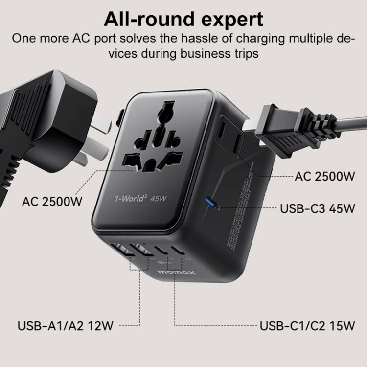 Cargador universal de viaje MOMAX UA31D 1-World 2 de 45 W con doble alimentación de CA y 5 puertos, con cable de 60 W., UA31D