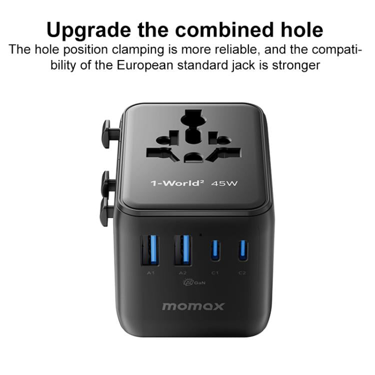 Cargador universal de viaje MOMAX UA31D 1-World 2 de 45 W con doble alimentación de CA y 5 puertos, con cable de 60 W., UA31D