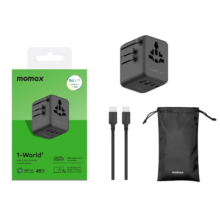 Cargador universal de viaje MOMAX UA31D 1-World 2 de 45 W con doble alimentación de CA y 5 puertos, con cable de 60 W., UA31D