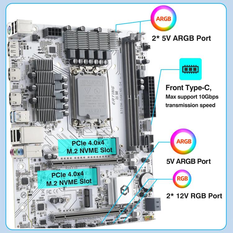 Placa base para ordenador de sobremesa ERYING M-ATX B760M Gaming con memoria RAM DDR4 (para juegos, montaje propio), B760M