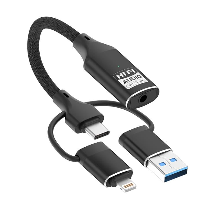 Tarjeta de sonido externa multifunción 3 en 1 con conectores de 8 pines, USB tipo C y USB a 3,5 mm.