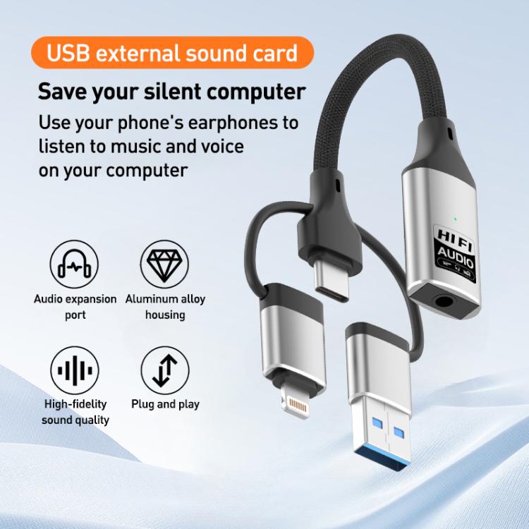 Tarjeta de sonido externa multifunción 3 en 1 con conectores de 8 pines, USB tipo C y USB a 3,5 mm.