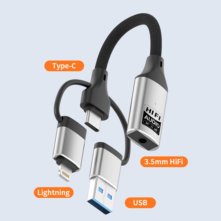 Tarjeta de sonido externa multifunción 3 en 1 con conectores de 8 pines, USB tipo C y USB a 3,5 mm.
