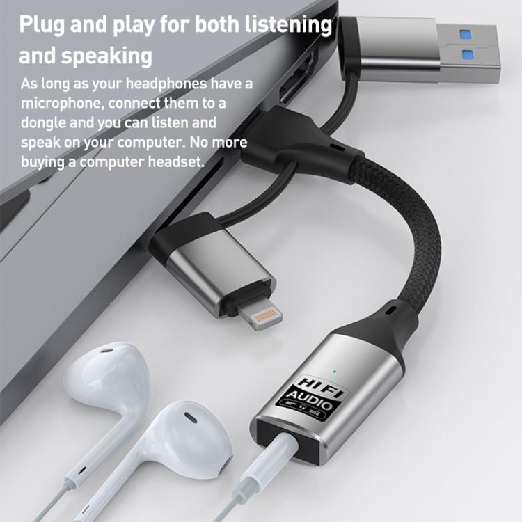 Tarjeta de sonido externa multifunción 3 en 1 con conectores de 8 pines, USB tipo C y USB a 3,5 mm.