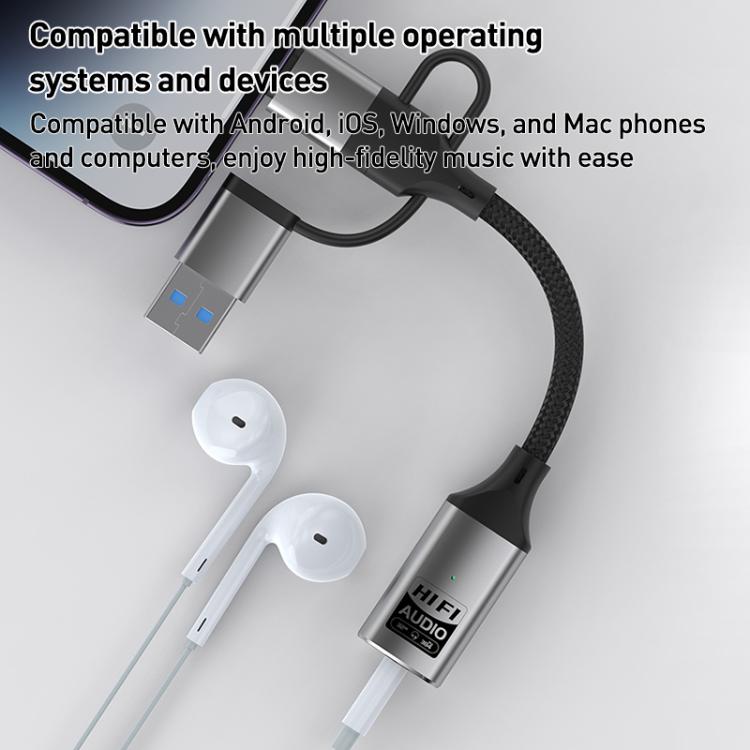 Tarjeta de sonido externa multifunción 3 en 1 con conectores de 8 pines, USB tipo C y USB a 3,5 mm.
