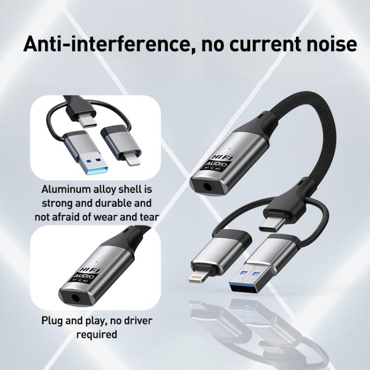 Tarjeta de sonido externa multifunción 3 en 1 con conectores de 8 pines, USB tipo C y USB a 3,5 mm.