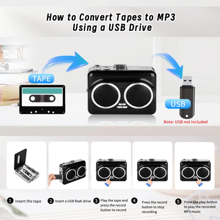 Reproductor de casetes portátil con doble altavoz y convertidor de casete a MP3 (modelo 302)