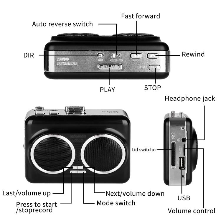 Reproductor de casetes portátil con doble altavoz y convertidor de casete a MP3 (modelo 302)
