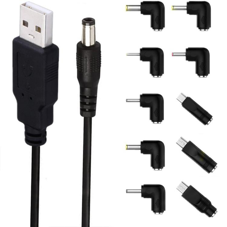 Cable de alimentación USB a DC 5.5x2.1mm macho de 1,5 m con 10 convertidores., 1+10