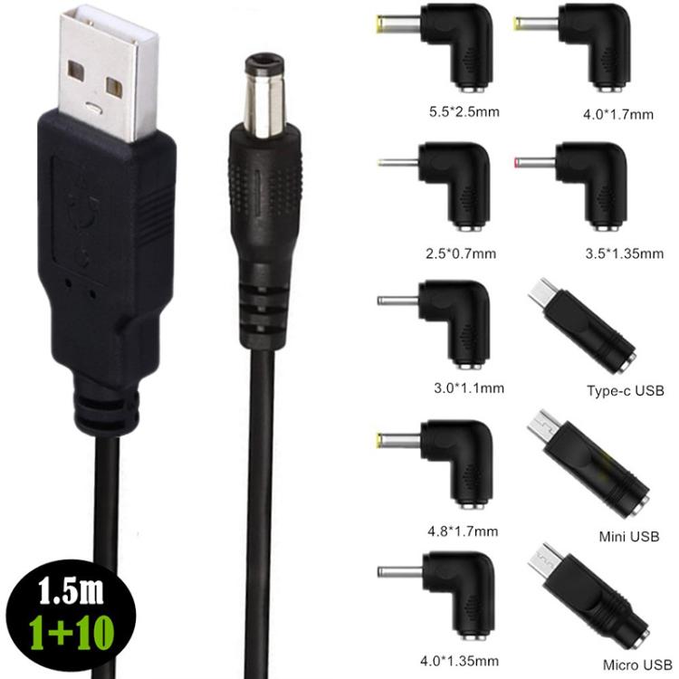 Cable de alimentación USB a DC 5.5x2.1mm macho de 1,5 m con 10 convertidores., 1+10