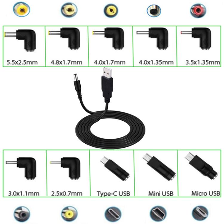 Cable de alimentación USB a DC 5.5x2.1mm macho de 1,5 m con 10 convertidores., 1+10