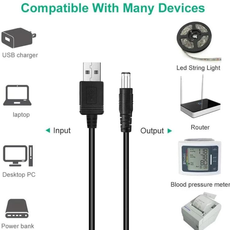 Cable de alimentación USB a DC 5.5x2.1mm macho de 1,5 m con 10 convertidores., 1+10