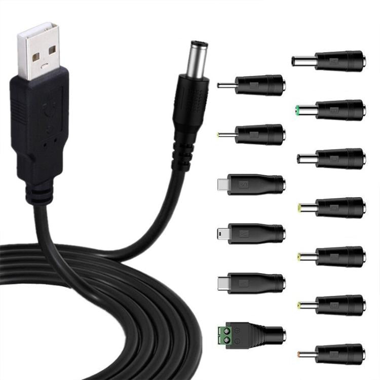 Cable de alimentación USB a DC5.5x2.1mm macho de 1,5 m con 13 convertidores., 1+13