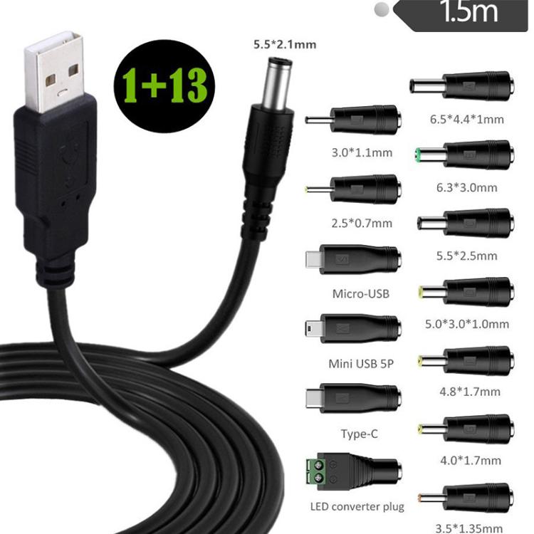 Cable de alimentación USB a DC5.5x2.1mm macho de 1,5 m con 13 convertidores., 1+13