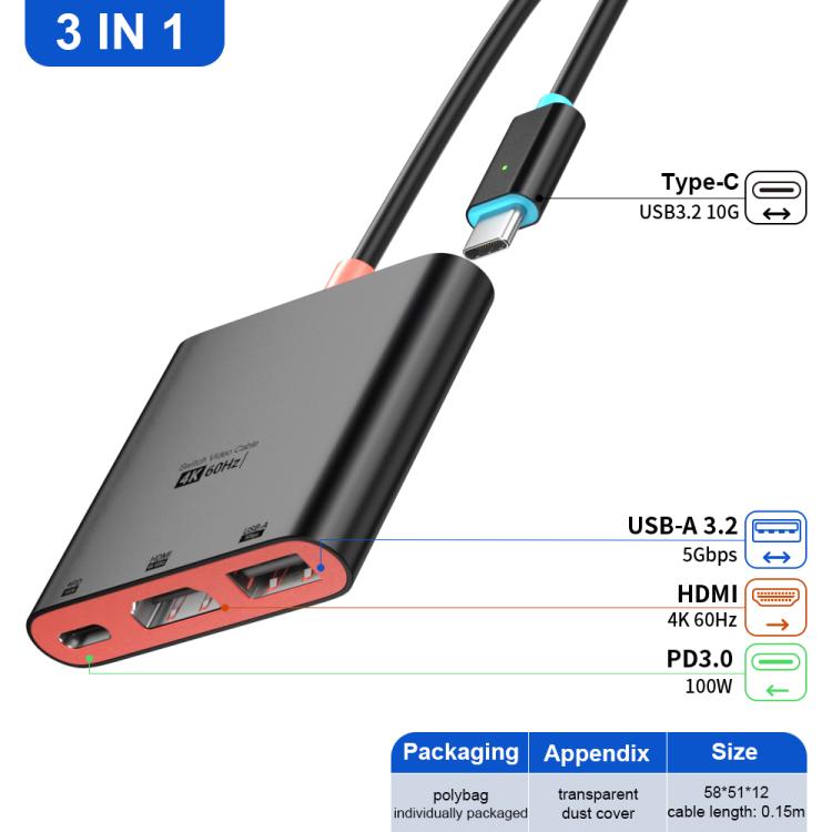Estación de acoplamiento de escritorio 3 en 1 con puerto USB Tipo-C a HDMI + USB 3.0 + puerto de carga USB Tipo-C PD, For Nintendo Switch